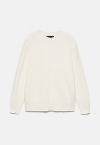 Pull blanc uni à manches longues et col rond, avec poignets et ourlet côtelés, posé à plat sur un fond clair.