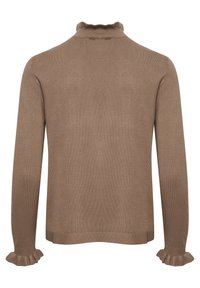 Ruskea neulottu neuletakki, jossa on korkea röyhelökaulus, pitkät hihat röyhelöhuputettuna ja sileä pinta ilman näkyviä kuvioita.