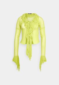 Transparent, limegrön blus med ruffled halsringning och långa ärmar. Har utsvängda manschetter och justerbart knyt detaljer fram.