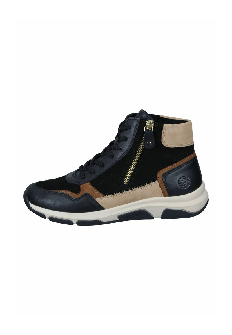 High-top sneaker featuring a combination of black leather and suede, beige accents, gold zipper detail, and a sturdy white sole.