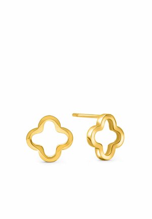 Boucles d'oreilles clous en or en forme de quadrilobe ouvert avec des bords lisses et arrondis sur fond blanc.