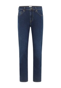 Granatowe dżinsy o prostym kroju, pięciokieszeniowe, z kontrastowym przeszyciem oraz zapięciem na guzik i zamek błyskawiczny w talii.