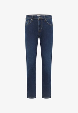 Granatowe dżinsy o prostym kroju, pięciokieszeniowe, z kontrastowym przeszyciem oraz zapięciem na guzik i zamek błyskawiczny w talii.