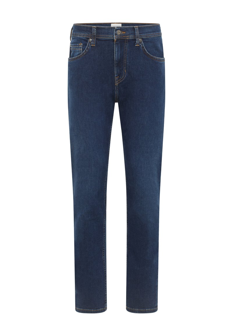 Granatowe dżinsy o prostym kroju, pięciokieszeniowe, z kontrastowym przeszyciem oraz zapięciem na guzik i zamek błyskawiczny w talii.