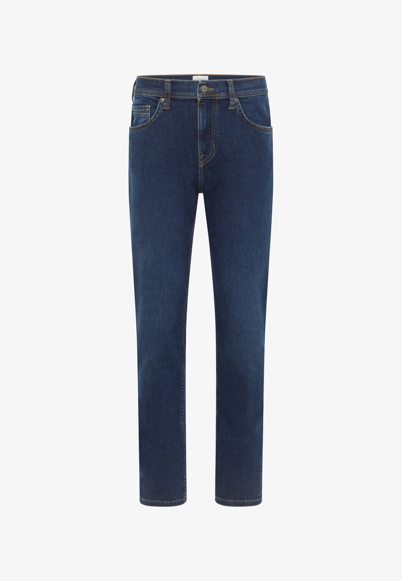 Granatowe dżinsy o prostym kroju, pięciokieszeniowe, z kontrastowym przeszyciem oraz zapięciem na guzik i zamek błyskawiczny w talii.