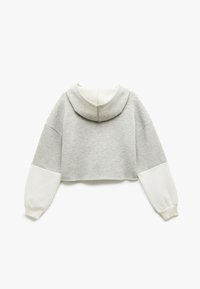 Gekürzter Sweatshirt in Hellgrau und Weiß. Mit Kapuze, langen Ärmeln und weichem Stoff mit kontrastierenden Ärmelfarben.