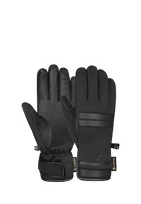 Schwarze Handschuhe mit Lederhandflächen und Stoffrücken. Merkmale sind ein sicherer Bund, strukturierte Bereiche und ein Logoetikett. Geeignet für kaltes Wetter.