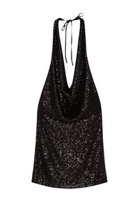Haut sans manches noir en halter avec un décolleté plongeant, recouvert de petites paillettes brillantes.