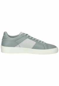 Light grey leather sneakers with a suede panel, round toe, flat white sole, and matching laces. Decorative stitching along the sides.