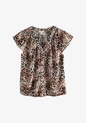 Pleds leopard print īsām piedurknēm blūze brūnā un melnā krāsā, ar V veida kakla izgriezumu, pogu priekšpusi un saplacinātām detaļām uz pleciem.