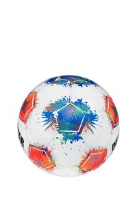 Un pallone da calcio bianco con motivi di schizzi rossi, blu e verdi, con accenti neri e una superficie texturizzata per una migliore presa.