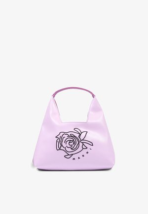 Borsa in pelle lavanda con manico corto, design con rosa nera ricamata e testo "MARNI" sulla parte anteriore.