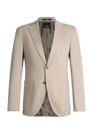 Beiger Herrenblazer mit zwei Knöpfen, Stegkragen, zwei aufgesetzten Taschen vorne und dunklem Innenfutter, Markenlabel "JOOP!" sichtbar innen am Kragen.