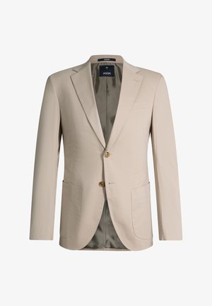 Blazer beige da uomo con due bottoni, rever a incavo, due tasche a toppa frontali e fodera interna scura, etichetta del marchio "JOOP!" visibile all'interno del colletto.