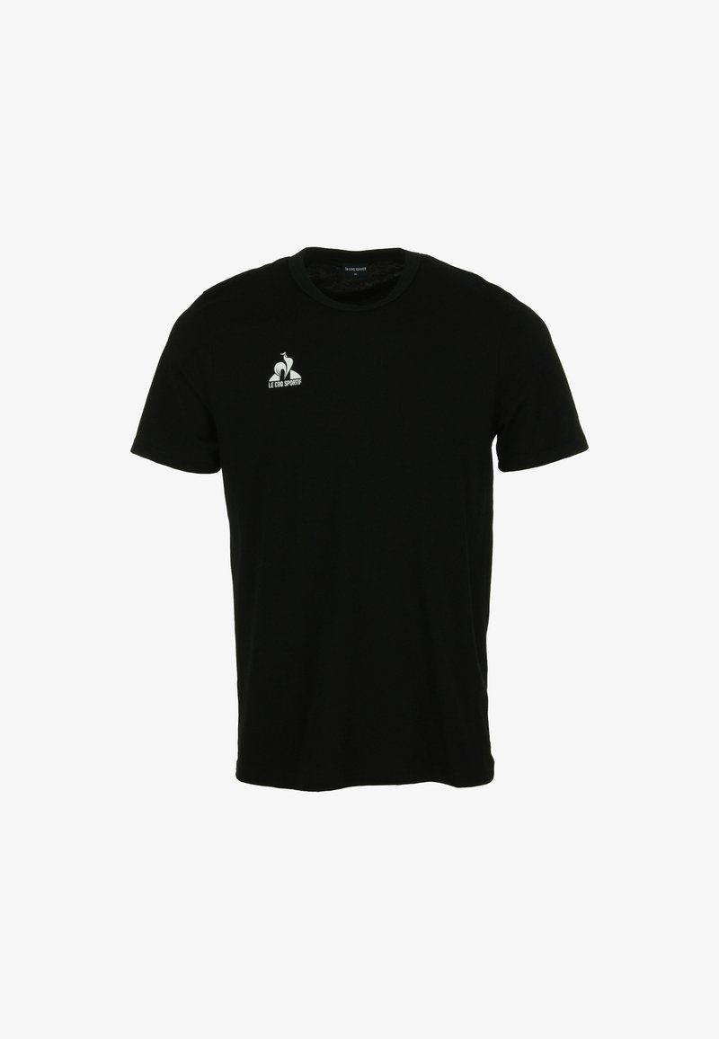 T-shirt di cotone nero con collo rotondo, maniche corte e logo bianco stampato sul lato sinistro del petto. Texture morbida e vestibilità standard.