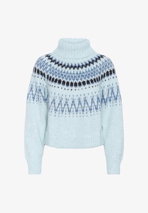 Svijetloplava rolka sa skraćenim dizajnom. Sadrži uzorak tamnoplave i svijetloplane geometrijske oblike s rebrastim rukavima i obrubom.