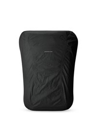 Zaino impermeabile nero con una texture liscia, forma arrotondata e un branding sottile. Caratterizzato da un design minimalista e gocce d'acqua.