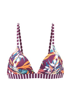 Dreieckiges Bikinioberteil mit lila und weißen Streifen an Trägern und Bund, mit bunten tropischen Blattmustern auf den Körbchen.
