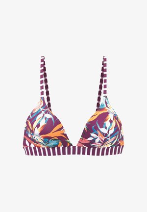 Triangle bikini top with purple and white stripes on straps and band, featuring colorful tropical leaf patterns on cups.