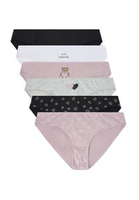 Set di sei mutandine in vari colori: nero, bianco, grigio, rosa chiaro, con motivi che includono cuori e una grafica di un orso. Realizzate in tessuto morbido.