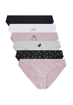 Set di sei mutandine in vari colori: nero, bianco, grigio, rosa chiaro, con motivi che includono cuori e una grafica di un orso. Realizzate in tessuto morbido.