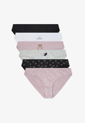 Set di sei mutandine in vari colori: nero, bianco, grigio, rosa chiaro, con motivi che includono cuori e una grafica di un orso. Realizzate in tessuto morbido.