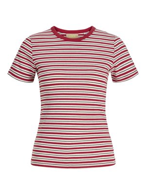 T-shirt ajusté à manches courtes avec des rayures horizontales rouges et blanches et un col uni rouge.