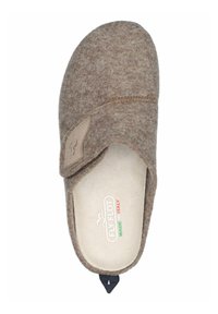 Brown felt clog with a soft, textured surface. Features a tan leather accent and a black pull tab at the heel. Logo printed on insole.