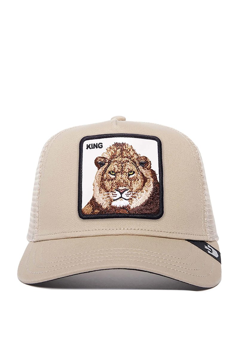 Gorra beige con una parte frontal estructurada que presenta un gráfico de un león bordado enmarcado por un borde negro. Parte trasera de malla para transpirabilidad.