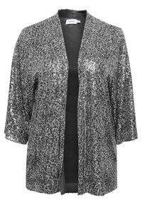 Fekete és ezüst flitteres, kimono stílusú kardigán, 3/4-es ujjakkal, nyitott elülső résszel és texturált anyaggal, amely fényes, mintázott felületet mutat.