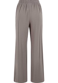 Grijze, wijdvallende broek met een rekbare, elastische tailleband. Zachte stof met een gladde textuur en geen zichtbare patronen of accenten.