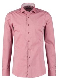 Chemise pour homme à manches longues en tissu rose pâle, dotée d'une patte de boutonnage, d'un col et de poignets avec une texture lisse.