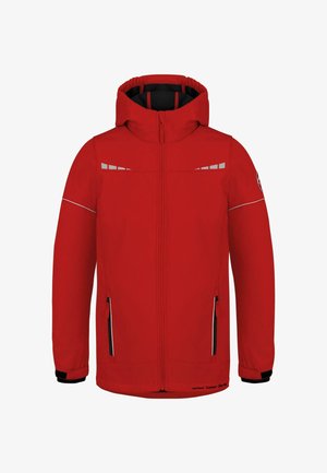 Red waterproof jacket with a hood, featuring reflective accents, zippered side pockets, and a smooth, lightweight texture.
