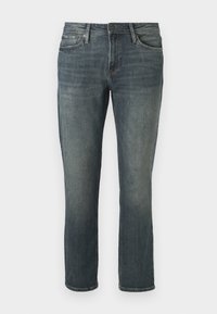 Vaqueros de denim azul oscuro con corte recto, que cuentan con un diseño tradicional de cinco bolsillos, un cierre frontal con botón y un ligero desvanecimiento.