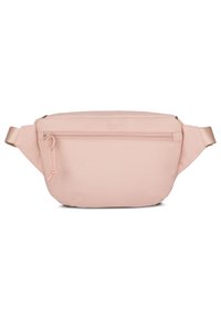 Light pink fabric fanny pack with a zippered front pocket and adjustable strap. Smooth texture and slightly rounded shape.
