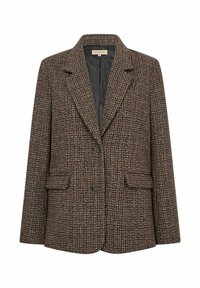 Brun tweed blazer med en struktureret design, to forlommer, klippede slag og en enkelt knaplukning. Tekstureret, mønstret stof.