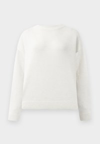 Maglione bianco a maniche lunghe con collo a giro, con polsini e orlo a coste, caratterizzato da una texture morbida e leggermente pelosa.