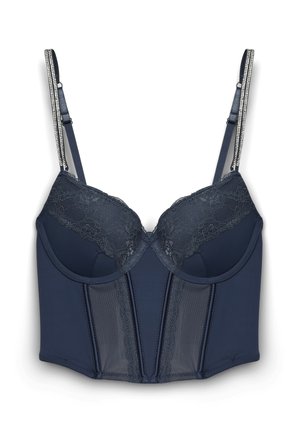 Bustier in pizzo blu navy con coppe a ferretto, pannelli in rete trasparente e spalline regolabili decorate con strass.