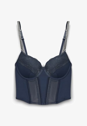 Bustier in pizzo blu navy con coppe a ferretto, pannelli in rete trasparente e spalline regolabili decorate con strass.