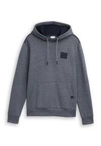 Grijze hoodie van zacht materiaal, met een voorzak, een capuchon met trekkoord en een gestructureerd zwart label op de borst. Eenvoudige, manchetten.