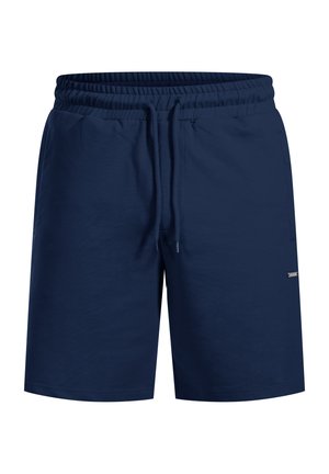 Marineblaue Shorts aus glattem Stoff. Mit einem elastischen Bund und einem Kordelzug sowie einem kleinen Logodetail an der Seite.