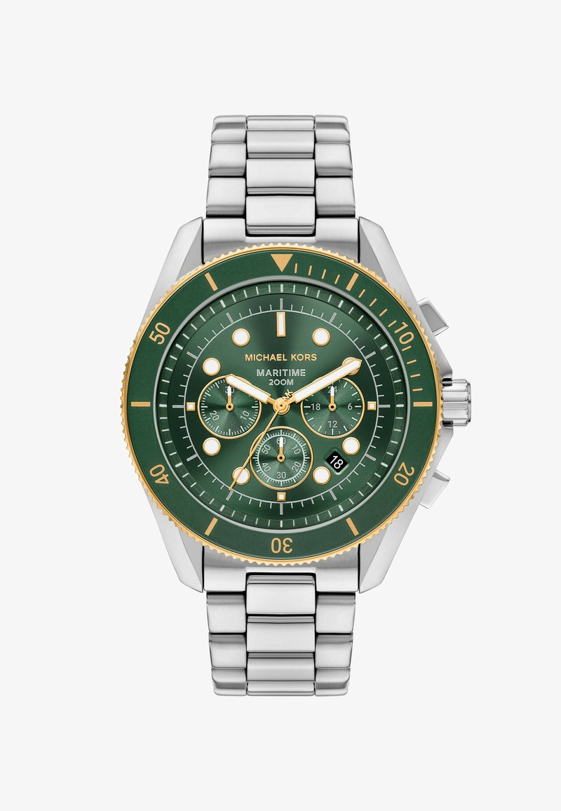 Orologio in acciaio inox verde con bracciale a maglie in argento, accenti dorati, tre sub-dial e un display della data nella posizione delle 6.