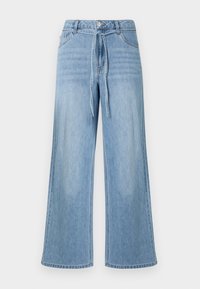 Jean en denim bleu clair à jambes larges, avec une taille haute, un détail de nouage à l'avant et un design classique à cinq poches avec des accents de coutures.