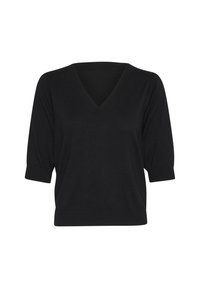 Pull en maille noir avec un col en V et des manches courtes bouffantes. Texture lisse et design ajusté, fini par un ourlet côtelé.