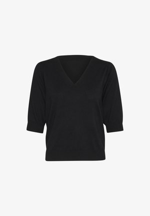Black knit sweater with a V-neck and short puff sleeves. Smooth texture and fitted design, finished with a ribbed hem.