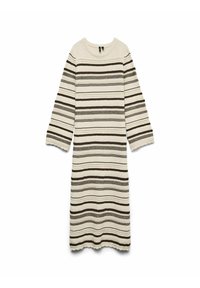 Lång klänning i krämfärg med bruna horisontella ränder. Tillverkad av texturerat stickat tyg, med vida ärmar och vågig fåll.