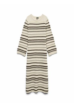 Langes, cremefarbenes Kleid mit braunen, horizontalen Streifen. Hergestellt aus strukturiertem Strickstoff, mit weit ausgestellten Ärmeln und gewelltem Saum.