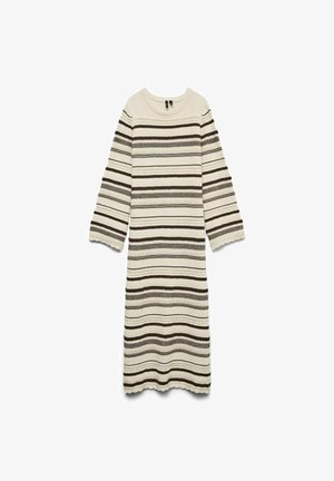 Long, cream-colored dress with brown horizontal stripes. Made of textured knit fabric, featuring wide sleeves and scalloped hem.