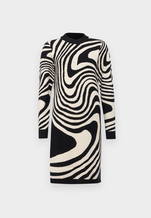 Fekete és krémszínű ruha pulóver, hullámos csíkozással, hosszú ujjal és bordás nyakkivágással, kötött anyagból készült.