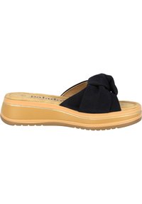 Schwarze Slipper-Sandale mit einem geknoteten Vorderteil, gepolstertem Innenmaterial und einer beigen Plattformsohle mit subtilen goldenen Akzenten.